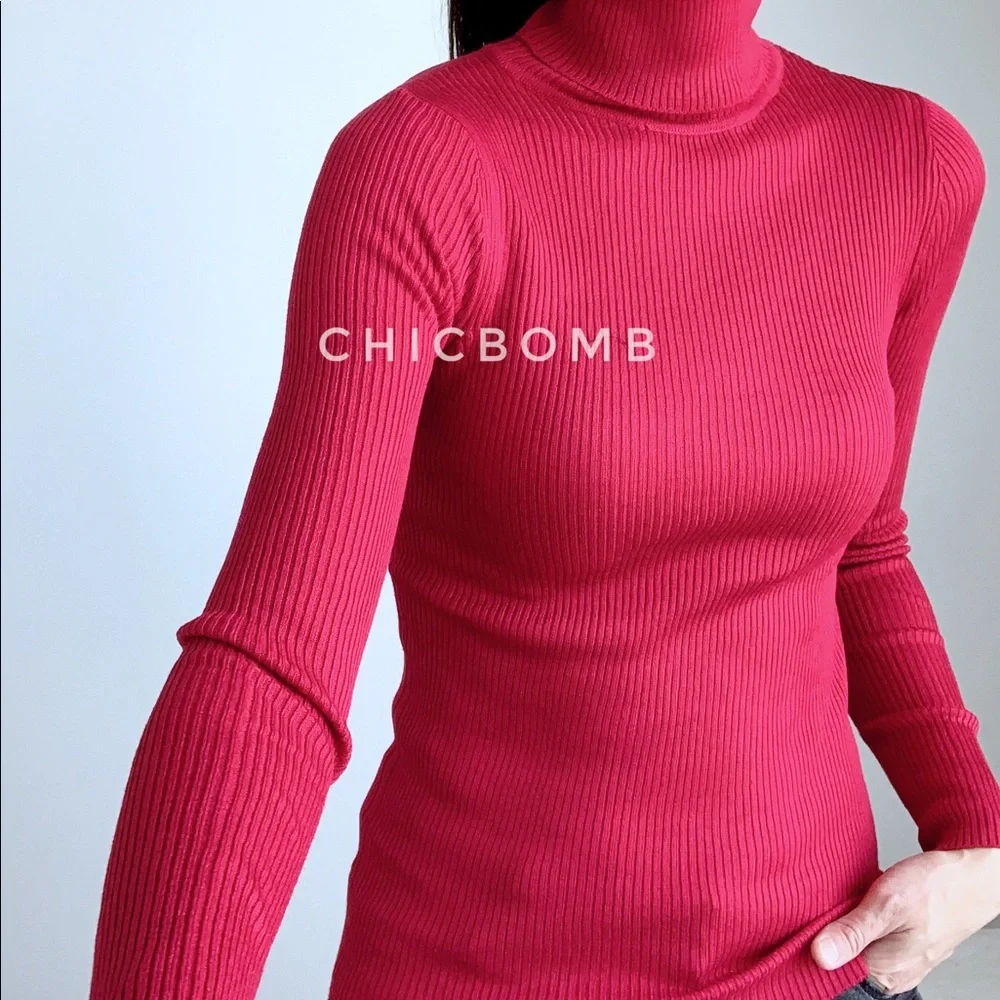 RED SLIM FIT RIBBED TURTLENECK TOP - Picture 9 of 14
